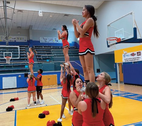 EMCC cheerleaders introduce their newly created “PACES” cheer on Friday morning at the KCHS gym. Right: As part of a team-building exercise, students attempt to construct a pyramid out of balloons.